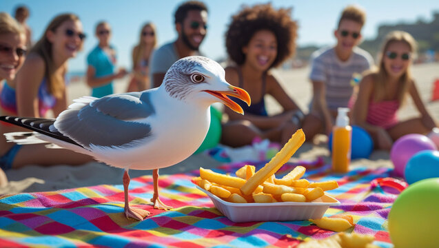 Seagull steals french fries at beach picnic with friends sunny day summer vacation fun food seagulls