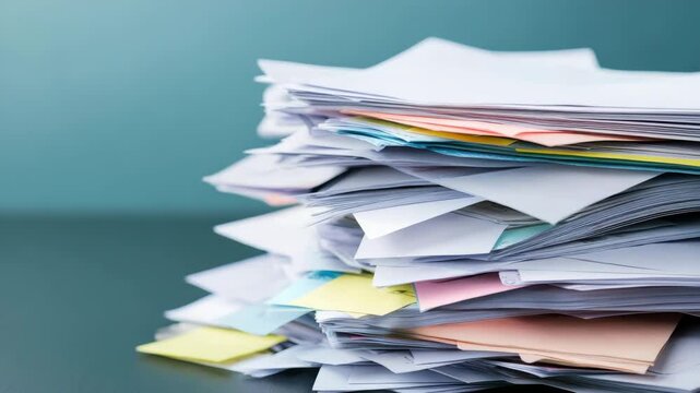 Stack of colorful paper, documents, and notes piled messily on desk with cluttered paperwork and office organization challenges in busy workspace environment