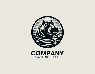 Peaceful Hippopotamus In Water Serene Nature African Wildlife Vector Logo Design