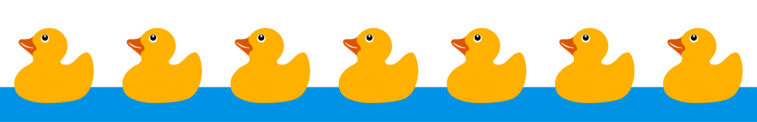 水に浮かんで整列するラバーダック（アヒルのおもちゃ）の可愛らしいベクターイラスト｜ラバーダック,アヒル,おもちゃ,水面,黄色