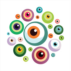 Fototapeta premium Colorful abstract pattern of cartoon eyeballs isolated on white background in a circular design