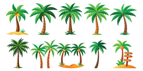 Collection of lush green palm trees evoking tropical paradise isolated on white background © Pixel Art