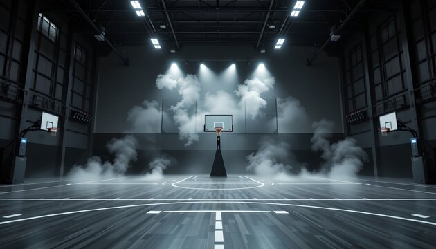 the image shows an indoor basketball court with a basketball goal located at one end of the court, the floor is marked for the game