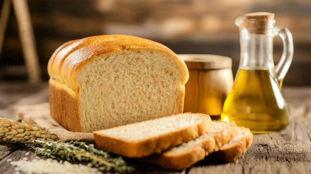 Soft white bread loaf with slices on rustic wooden table near olive oil bottle and wheat grains, evoking warm cozy food atmosphere with fresh grain and olive oil slice
