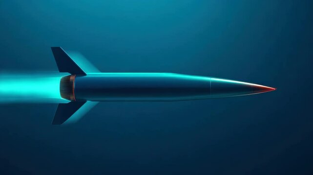 Sleek missile rocket propulsion flight technology aerospace speed engine with glowing blue exhaust showcasing aerodynamic design sharp nose cone dynamic side view weapon military power thrust
