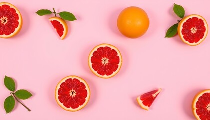 the image features a repeating pattern of grapefruits on a pink background, each grapefruit is depicted with bright red segments, a green stem