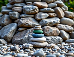 green, blue, and white, these colored stones are positioned in front of the gray tower
