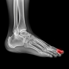 Naklejka premium X ray of a human foot showing a fracture in the big toe bone highlighted in red