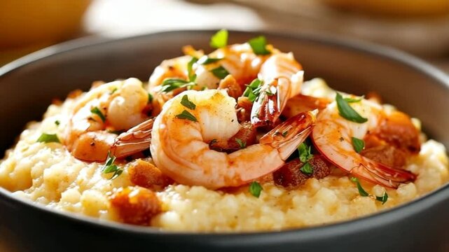 Shrimp and grits dish garnished with fresh herbs in black bowl featuring creamy texture cooked shrimp crispy bits vibrant colors close up perfect comforting seafood meal