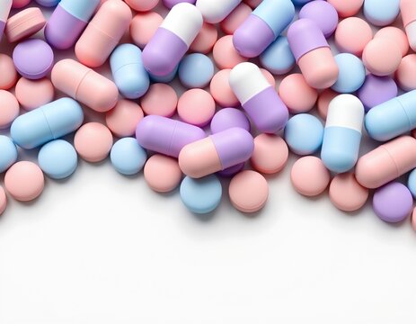 the image shows a digital illustration featuring a collection of three dimensional objects that resemble pills or capsules