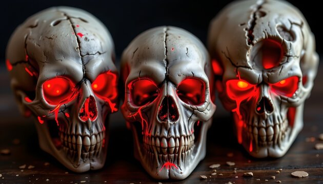 the image features three human skulls with red lighting effects, positioned close to each other against a dark background, each skull has the cranial cavity, nasal cavities