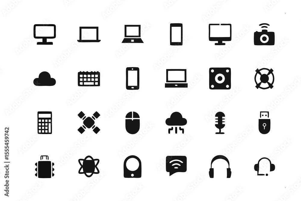 Fototapete Technology Icons Array: A clean and simple set of technological icons, featuring a variety of modern devices and digital tools. This collection is ideal for various uses.
