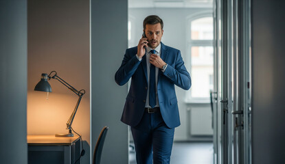 Businessman Talking on Phone While Adjusting Tie in Modern Office Corridor