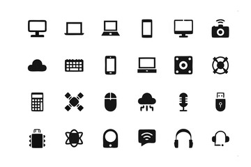Technology Icons Array: A clean and simple set of technological icons, featuring a variety of modern devices and digital tools. This collection is ideal for various uses.