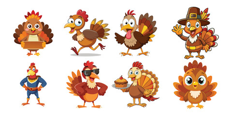 Obraz premium Festive collection of cartoon turkey characters celebrating thanksgiving isolated on white background