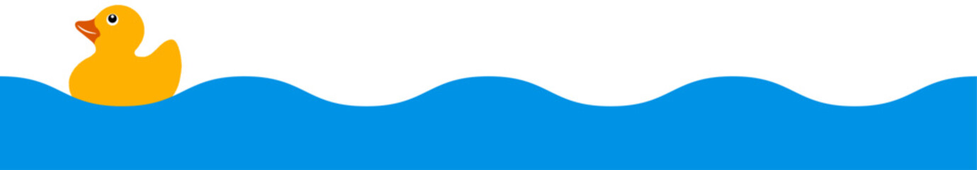 青い波の水面に一羽のラバーダック（アヒルのおもちゃ）が可愛らしく浮かぶベクターイラスト｜ラバーダック,アヒル,おもちゃ,波,水面