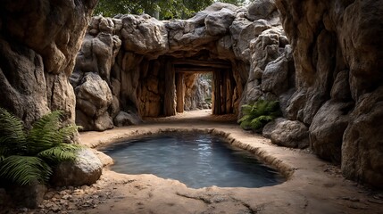 A dark cave interior with glowing mineral formations and a shallow underground pool. 