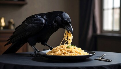 Raven enjoying spaghetti with dining at a table Unique animal eating food scene.