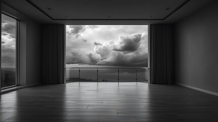 Monochrome interior with a dramatic sky view and modern architecture