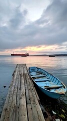 Old blue rowboat tied to a wooden pier with a tanker ship on calm water