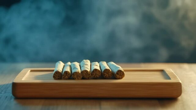 Cigarillo and rolled leaf tobacco arranged on rustic wooden tray with brown tones, natural light highlighting vintage smoking accessory in close up creating warm, calm, moody atmosphere