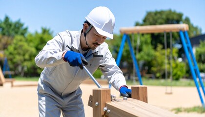 公園遊具の点検作業
