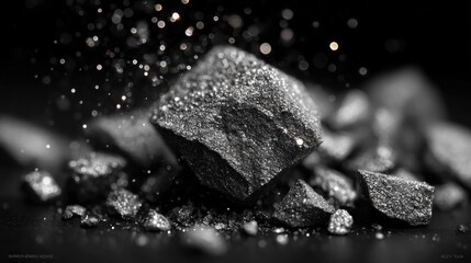 Dark Monochrome Composition Featuring Crystalline Rock Fragments and Dust