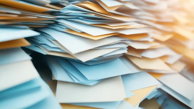 Stack of blue and yellow paper sheets with bright sunlight highlighting texture and layers in warm, calm atmosphere showing organized pile of paper and envelopes