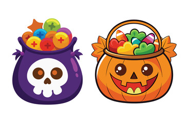 Two halloween buckets filled with candy isolated on white background one with a skull design and the other with a pumpkin face