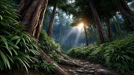 A dense bamboo forest with sunlight streaming through the tall, slender stalks. 