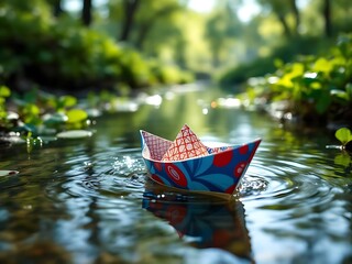 Close-up of a paper boat gently drifting in a small river, evoking childhood memories and simplicity. Perfect for nostalgic, playful, or nature-themed visual concepts