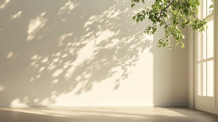 Obraz premium Sunlit wall and wooden floor with shadows of leaves and a window frame