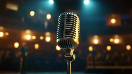 Vintage microphone on stage with blurred audience and warm spotlight creating inviting atmosphere for live music performance or speech in theater or concert setting with rich sound and cozy ambiance