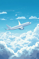 Fototapeta premium Airplane soaring above fluffy clouds in a bright blue sky, evoking a sense of freedom