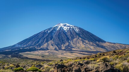 
Majestic snow-capped mountain peak rises above a valley with rocks and sparse vegetation under a clear blue sky. 