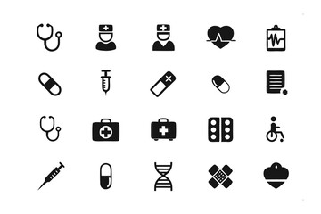 Medical Icons: A collection of minimalist black icons representing various medical symbols and tools, cleanly isolated for versatile use in healthcare design and infographics.