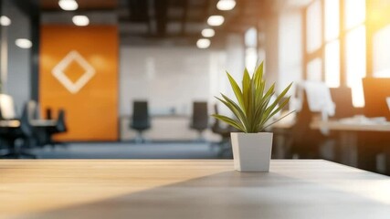 Small green plant in pot on wooden table with blurred modern office background and warm sunlight creating calm indoor decoration and inviting atmosphere