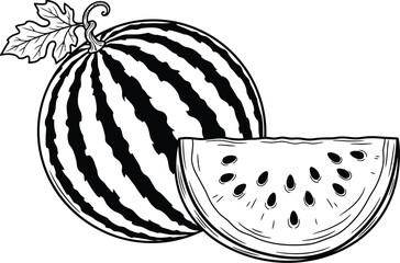 Illustration of a whole watermelon with a leaf and a slice showing the seeds in black and white