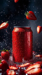 facing camera, sliced fresh strawberries in the air scattered, front on camera shot, can hovering in an abstract vibrant space surrounding the can, wet, them of strawberry colours, thirsty, liquid,