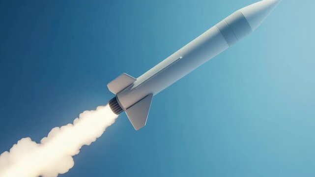 Rocket missile flight into clear blue sky with bright smoke trail, showcasing propulsion, aerospace technology, weapon launch speed, power engine, military defense, aerodynamics, aviation motion