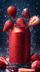 facing camera, sliced fresh strawberries in the air scattered, front on camera shot, can hovering in an abstract vibrant space surrounding the can, wet, them of strawberry colours, thirsty, liquid,