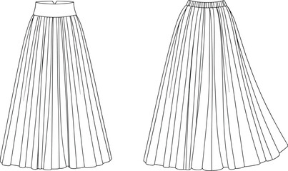 CAD drawing flat vector illustration of pleated long skirt with waistband, front and back view, fashion technical design