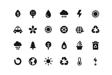 Eco Icons Collection: A comprehensive set of 24  eco-friendly icons, featuring symbols representing nature, renewable energy, and environmental conservation. Perfect for websites, apps.