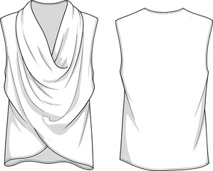 CAD drawing flat vector illustration of draped front sleeveless top, fashion sketch, stylish cowl neck blouse, technical design
