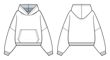 Oversized Hoodie Technical Fashion Illustration. Pullover Hoodie with Dropped Shoulders and Kangaroo Pocket Vector Template. Front and Back design. Unisex streetwear. White color. CAD Mockup.