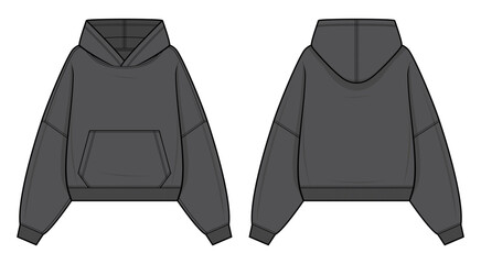 Gray Oversized Hoodie Technical Fashion Illustration. Pullover Hoodie with Dropped Shoulders and Kangaroo Pocket Vector Template. Rib Knit. Front and Back design. Unisex streetwear. CAD Mockup set.
