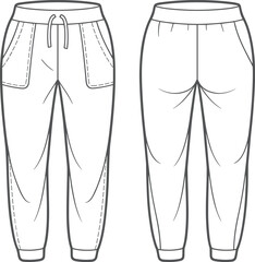 CAD drawing flat vector illustration of jogger pants with wide pockets and waistband, technical sketch for fashion design template