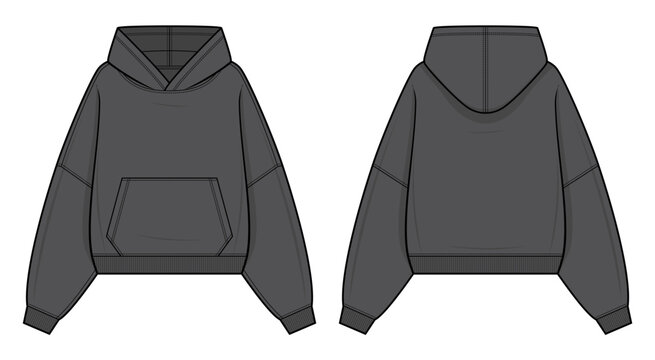 Gray Oversized Hoodie Technical Fashion Illustration. Pullover Hoodie with Dropped Shoulders and Kangaroo Pocket Vector Template. Rib Knit. Front and Back design. Unisex streetwear. CAD Mockup set.