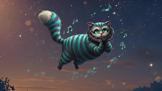 Cheshire Cat Whimsical leaping through twilight sky while surrounded by music notes