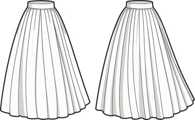 CAD drawing flat vector illustration of pleated flared skirt design with waistband, technical fashion sketch front and back view